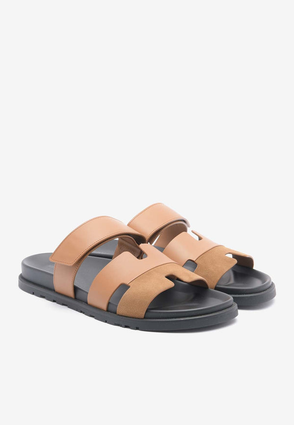 Chypre Sandals in Naturel Calfskin and Brun Suede