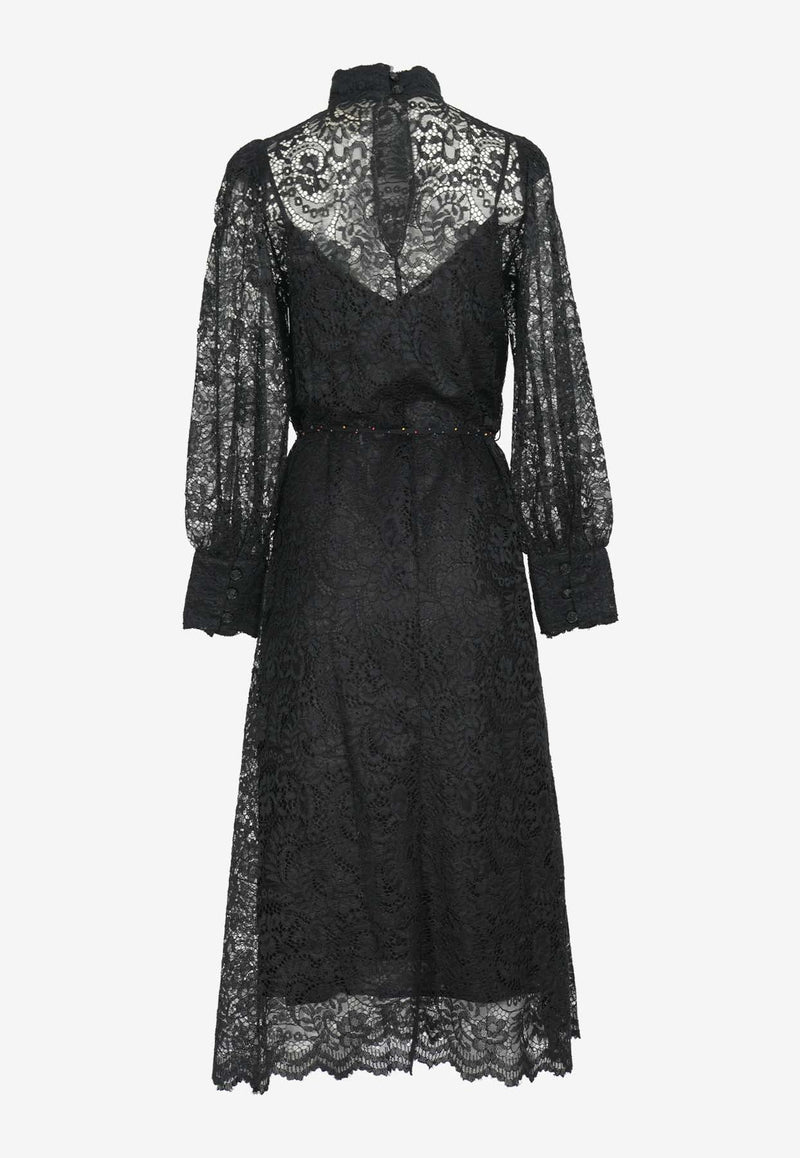 High-Neck Lace Midi Dress