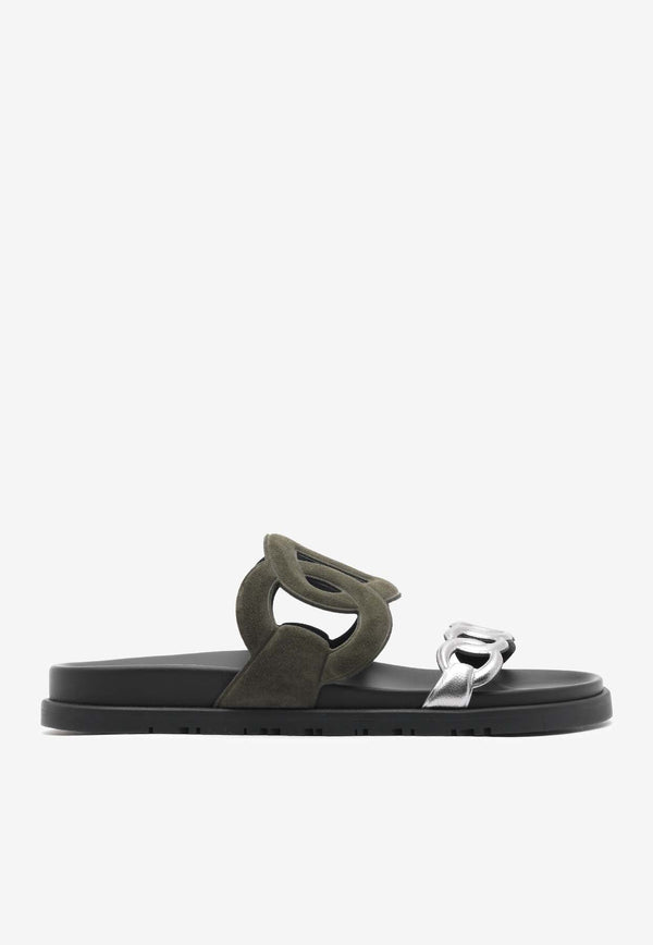 Extra Sandals in Vert Foret Suede and Gris Argente Nappa Leather