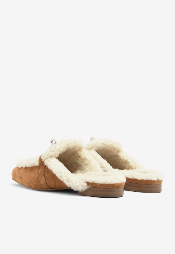 Oz Flat Mules with Suede and Shearling with Palladium Kelly Buckle