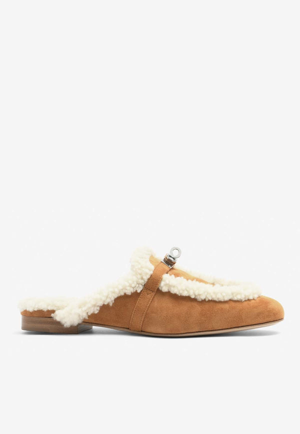 Oz Flat Mules with Suede and Shearling with Palladium Kelly Buckle