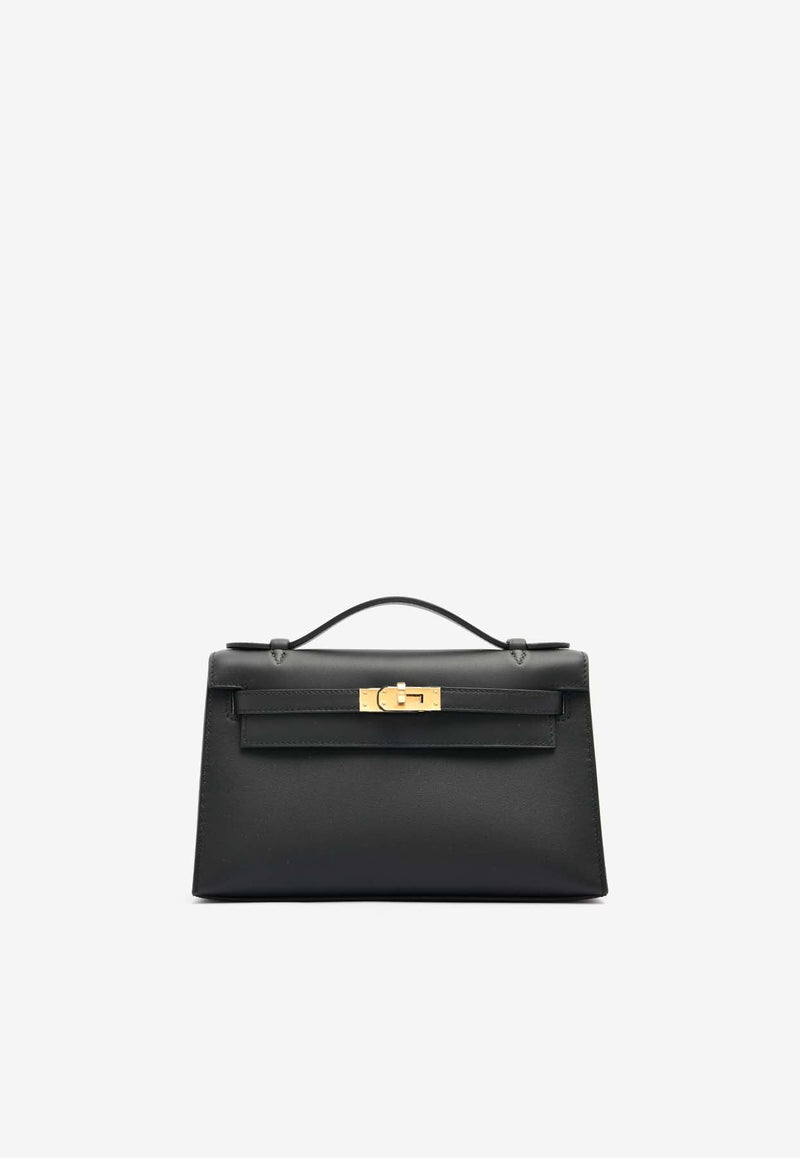 Kelly Pochette Clutch Bag in Black Swift Leather with Gold Hardware