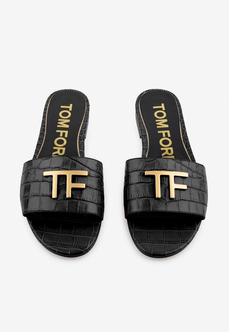 TF Slides in Croc Embossed Leather