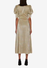 Plisse Puff-Sleeve Midi Dress