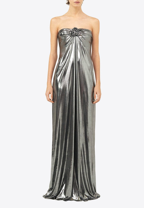 Strapless Metallic Gown with Floral Applique