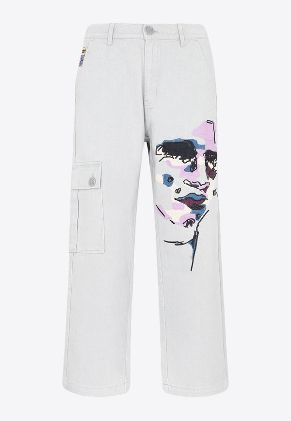 Face-Embroidered Cargo Jeans