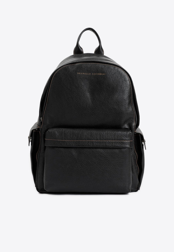 Grained Leather Logo Backpack