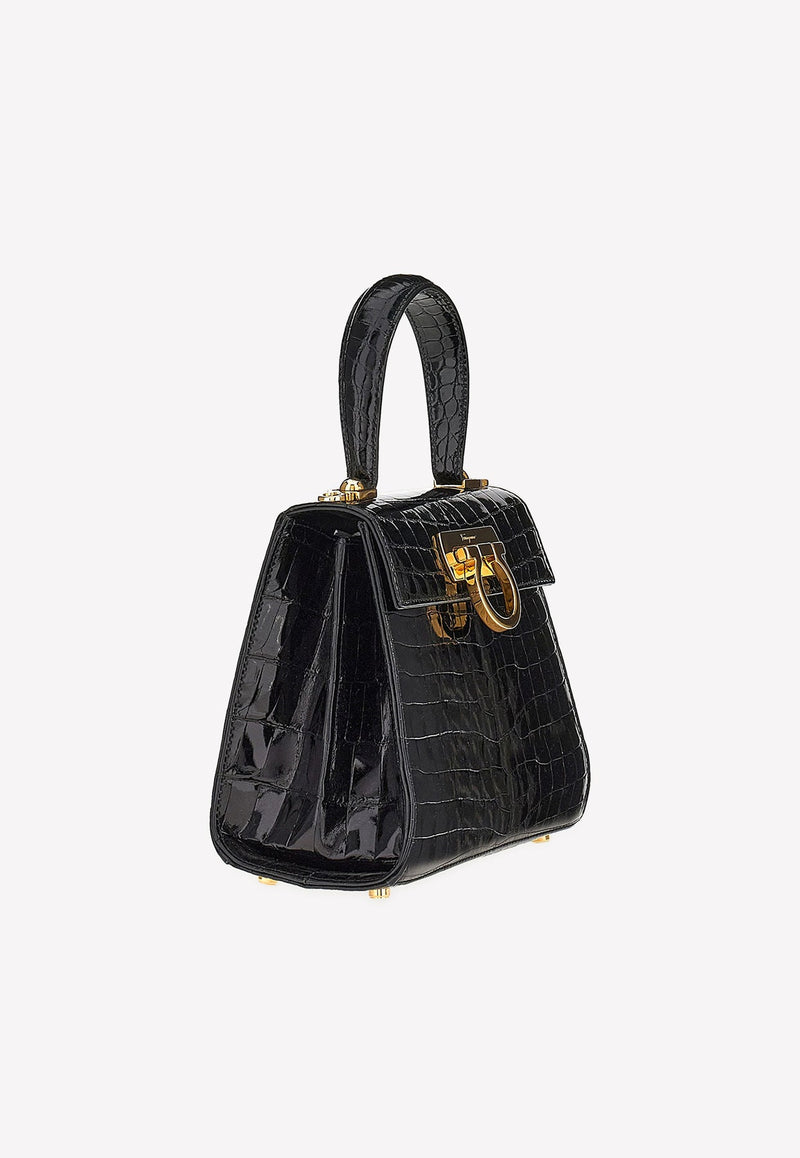 Gancini Top Handle Bag in Croc Leather