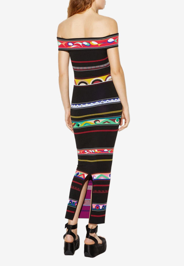Jacquard Stripe Off-Shoulder Maxi Dress