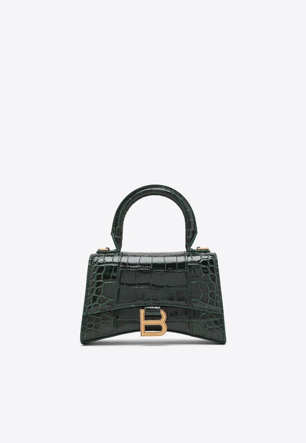 XS Hourglass Top Handle Bag in Croc-Embossed Leather