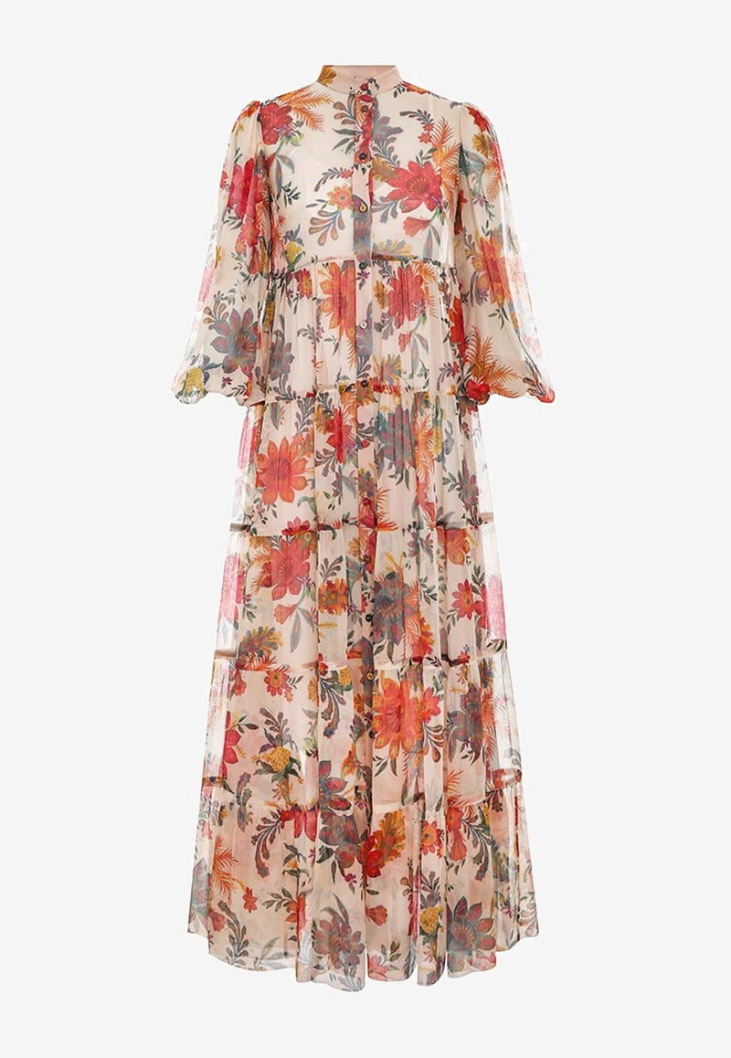 Ginger Tiered Floral Midi Dress in Silk