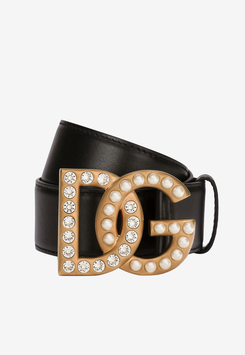 Embellished DG Logo Buckle Belt in Calf Leather