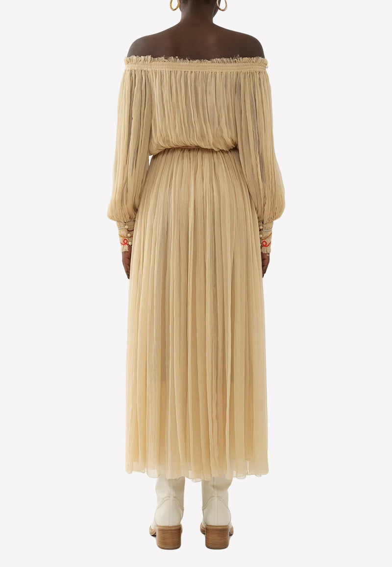 Off-Shoulder Gathered Silk Crepe Midi Dress