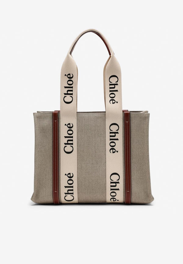 Medium Woody Tote Bag in Linen and Leather