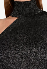 One-Shoulder Mock Neck Metallic-Knit Crop Top