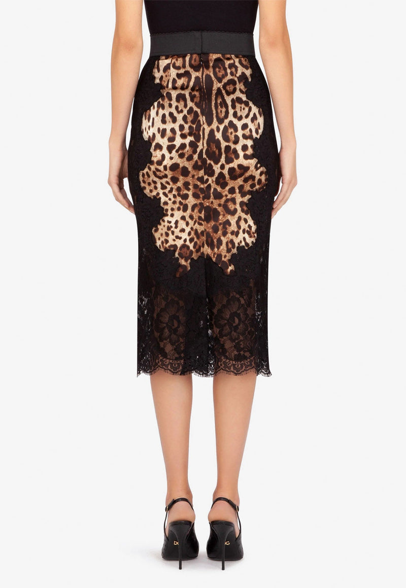 Leopard Print Laced Satin Midi Skirt