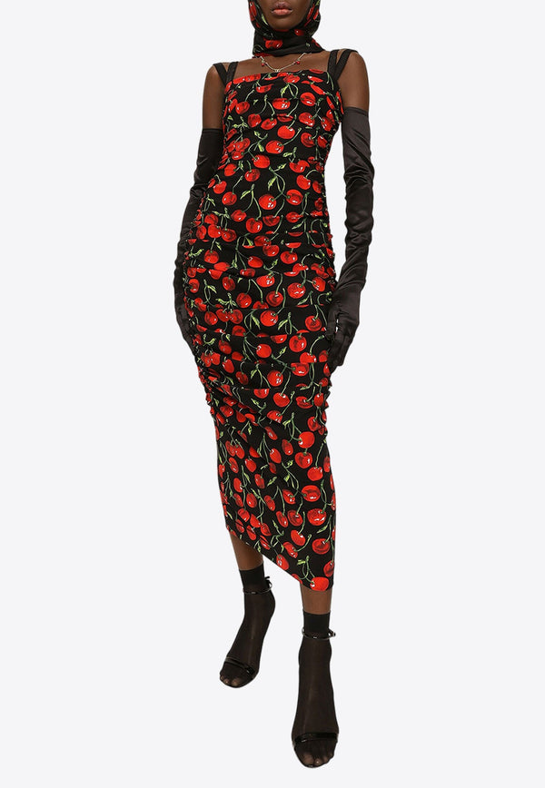 Cherry Print Draped Midi Dress