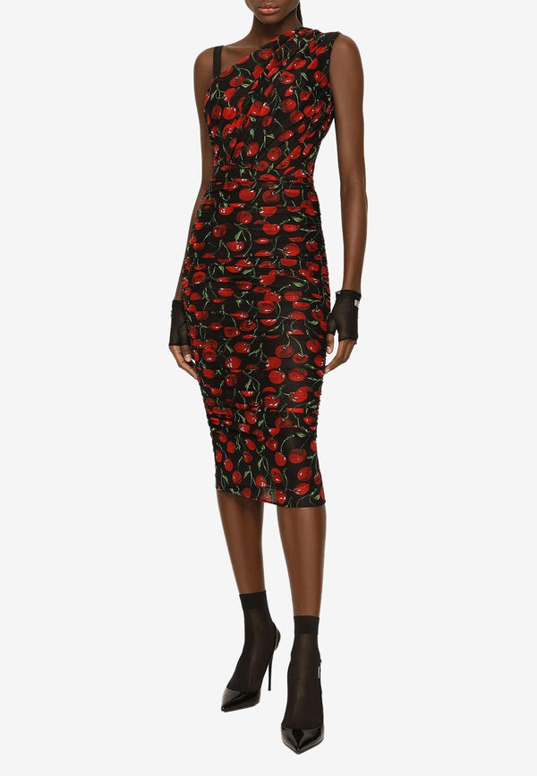 Cherry Print One-Shoulder Midi Dress