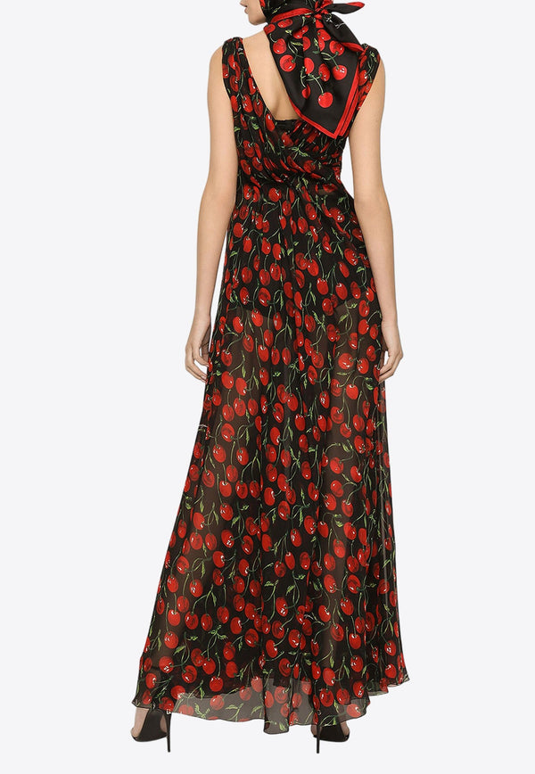 Cherry Print Maxi Chiffon Dress