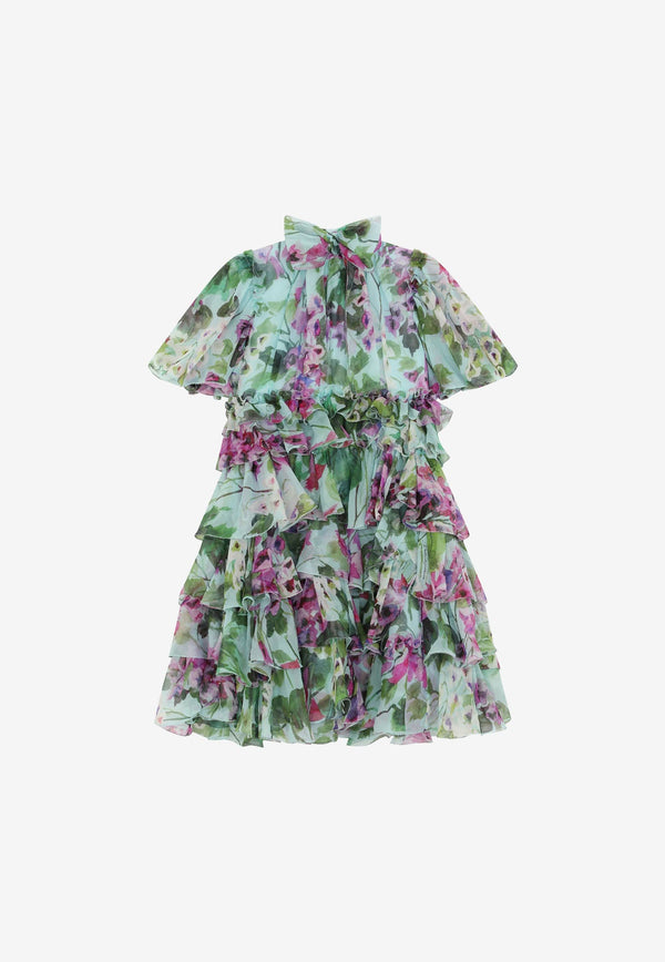 Girls Bluebell Print Ruffled Chiffon Midi Dress