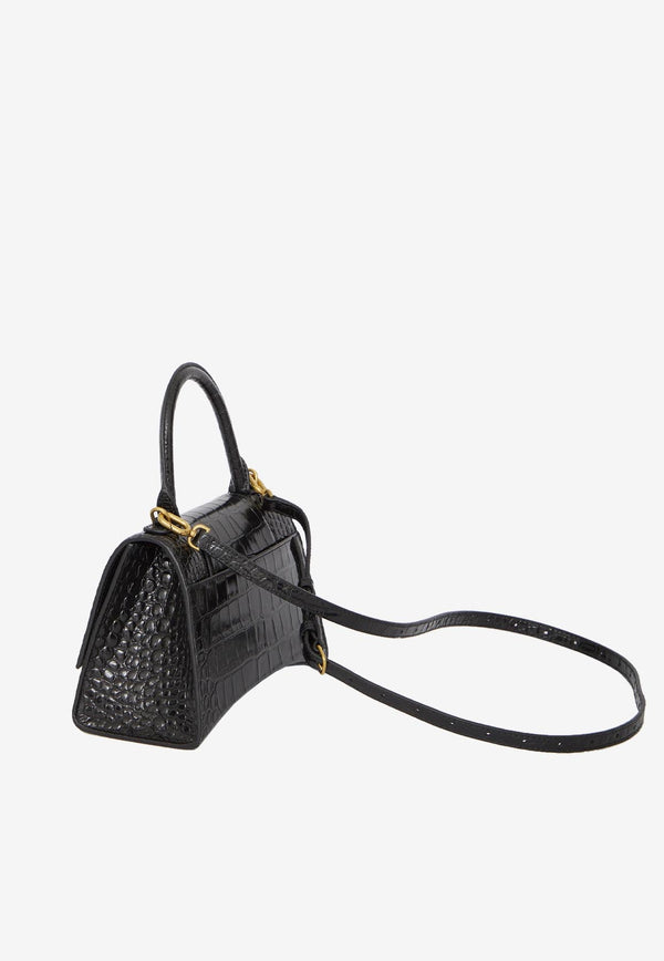 Small Hourglass Top Handle Bag in Croc-Embossed Leather