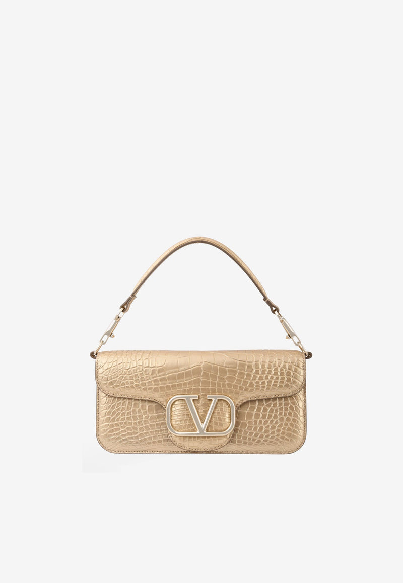 LOCÒ Shoulder Bag in Laminated Crocodile Leather with VLogo Plaque