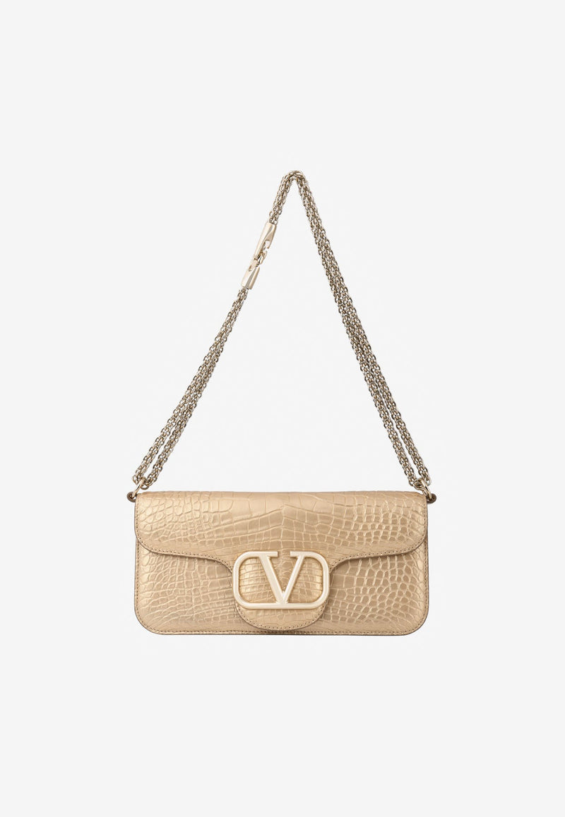 LOCÒ Shoulder Bag in Laminated Crocodile Leather with VLogo Plaque