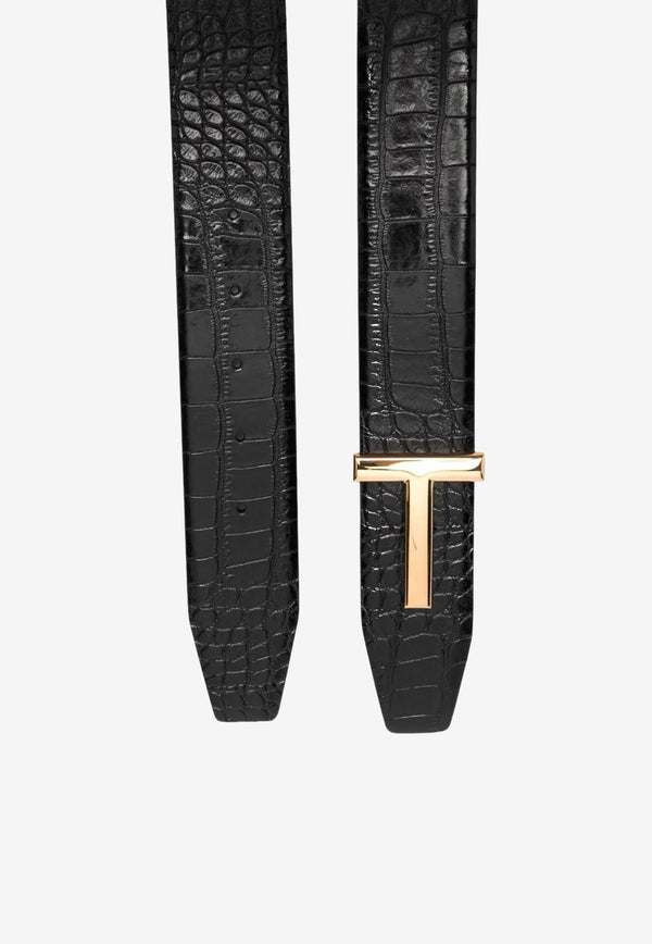 T Plaque Croc-Embossed Leather Belt