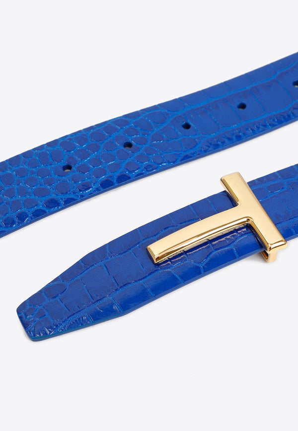 Reversible T-Buckle Belt in Croc-Embossed Leather