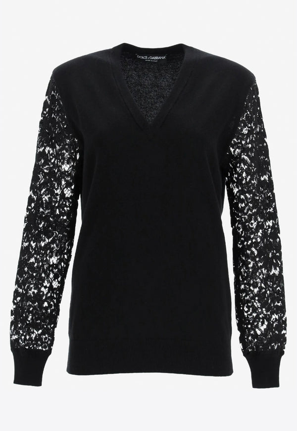 Lace Sleeved V-Neck Cashmere Sweater